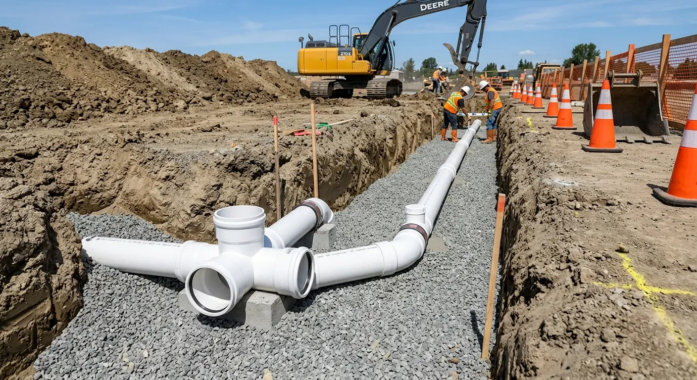 New PVC sewer pipe installation in open trench for Sewer Backup in Delaware