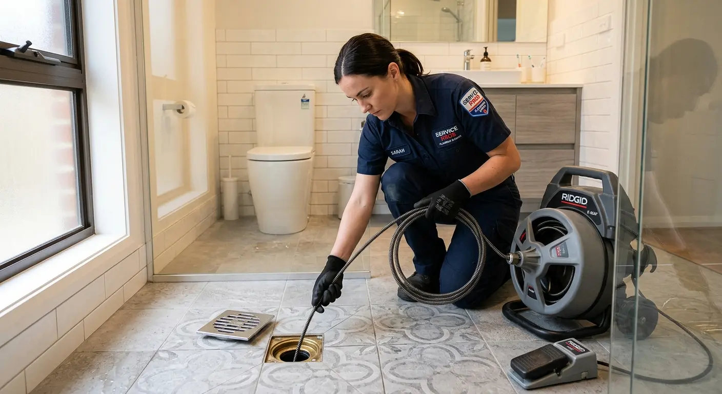 Technician clearing a bathroom floor drain for Clogged Drain Repair in Delaware